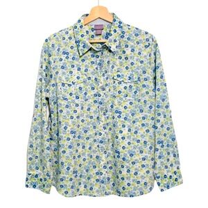 Laura Scott Western Style Button Up Shirt Long Sleeve Blue Floral Large Petite